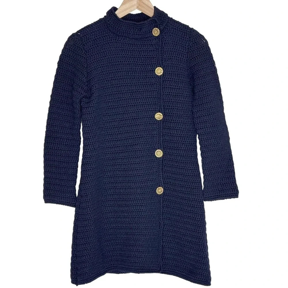 Vintage Hand Knit Navy Blue Coat Women's Small Lined Gold Buttons Artisan